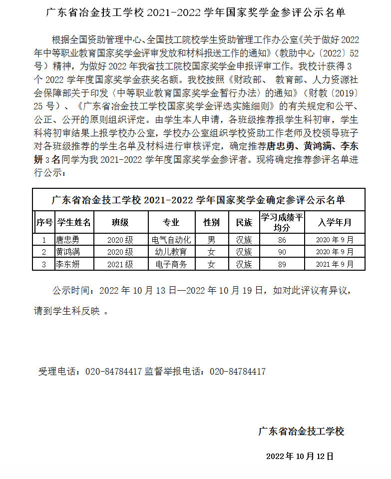 2021-2022學年國家獎學金參評公示名單
